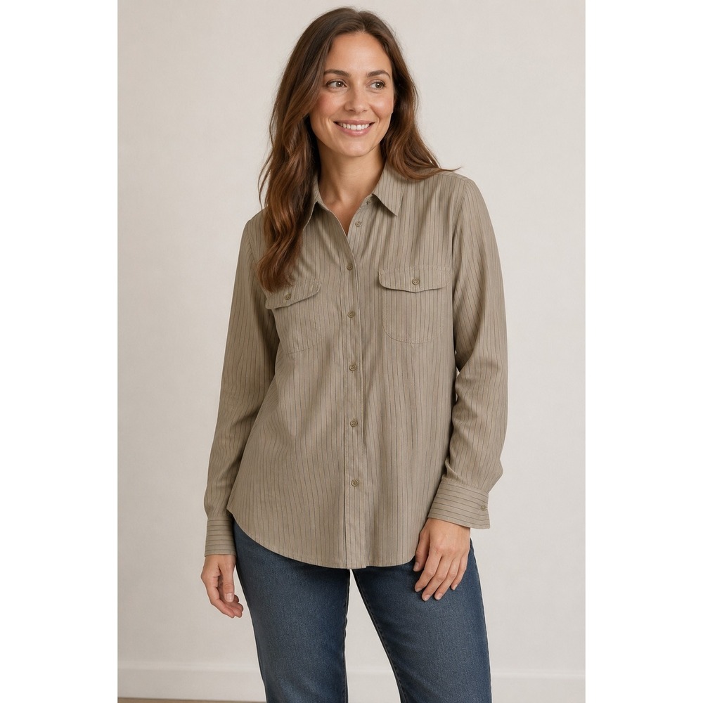 Croft & Barrow Women's Large Brown Striped Button Front Long Sleeve Shirt